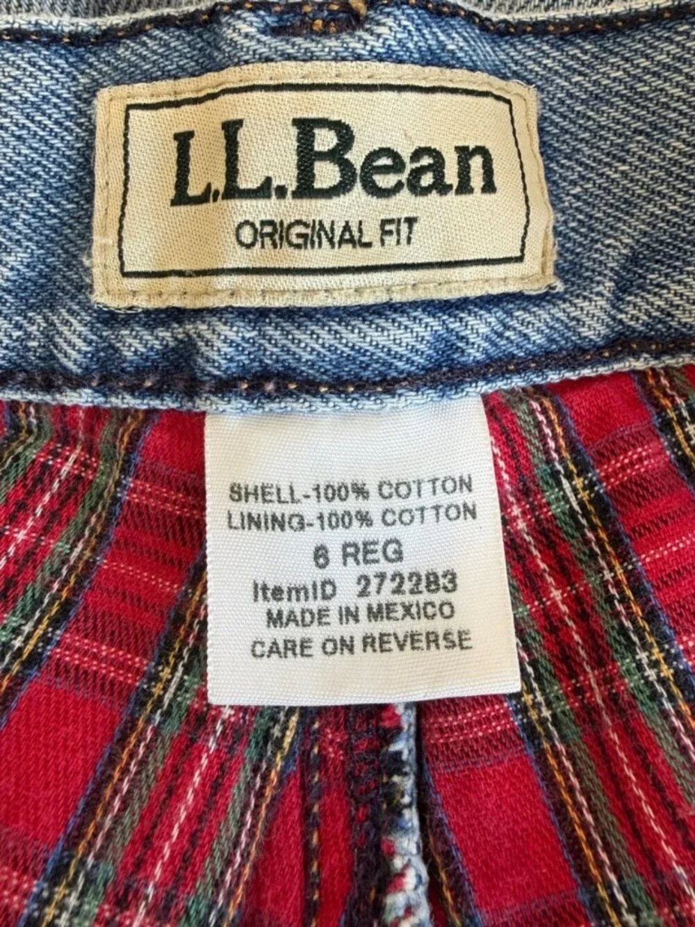 Vintage LL Bean Jeans Womens 6 Regular Red Flannel Lined Plaid‎ Distressed Denim